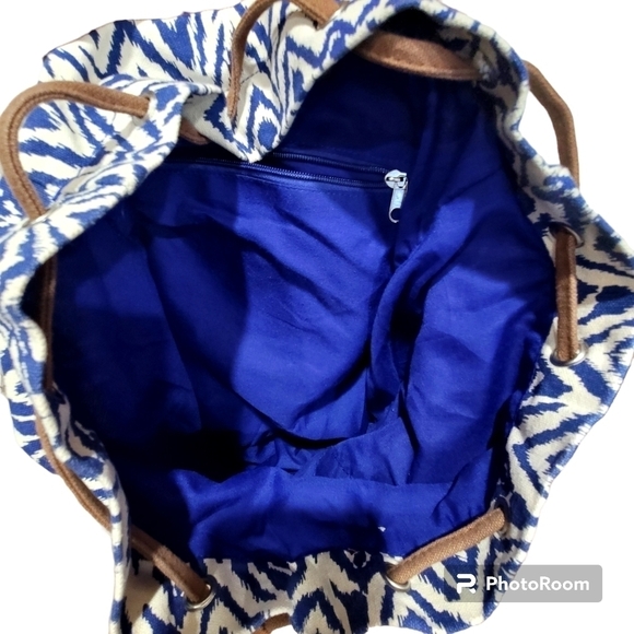 Boho Multicolor Geometric Backpack Blue Liner with Side Pockets Drawstring Bag - Picture 4 of 5